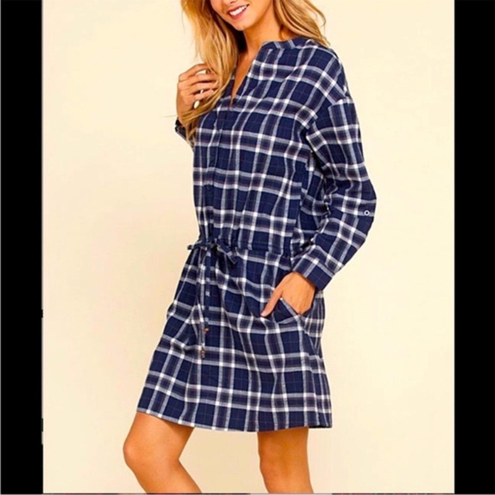 Annabelle navy white gray flannel plaid pocket shirt dress size Large
